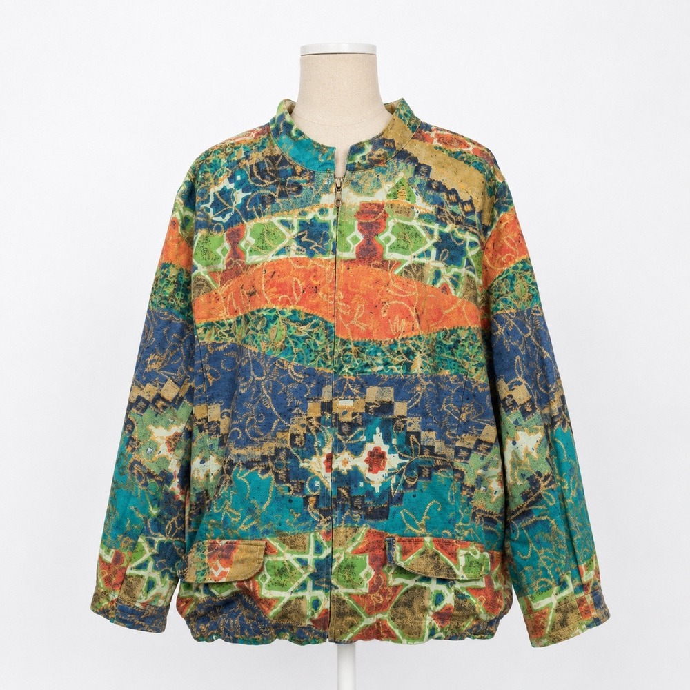 Vintage Y2K Abstract Geometric 100% Cotton Zip Jacket Size 3 XL Multicolor Indie